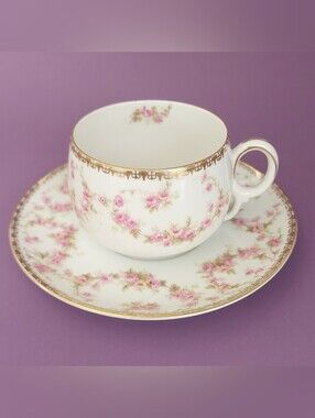 MZ Austria Bridal Rose Tea Cup and Saucer Vintage Porcelain Pink Rose Gold Gilt